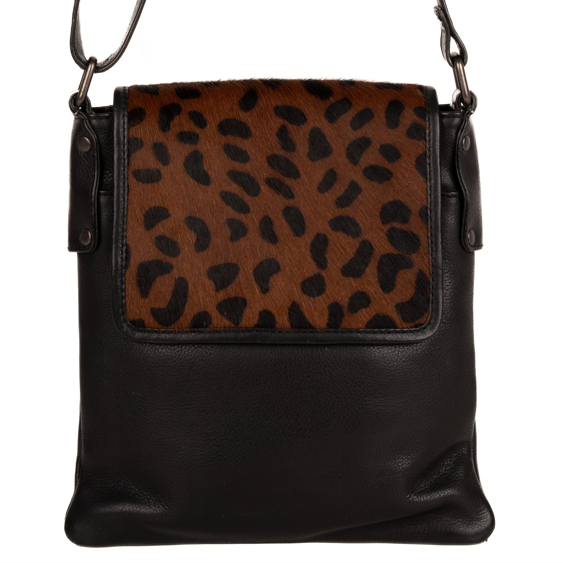 #71 - Concealed Carry Black Leopard Crossbody - Leather with Hair-On Cowhide (No Locking Zippers)