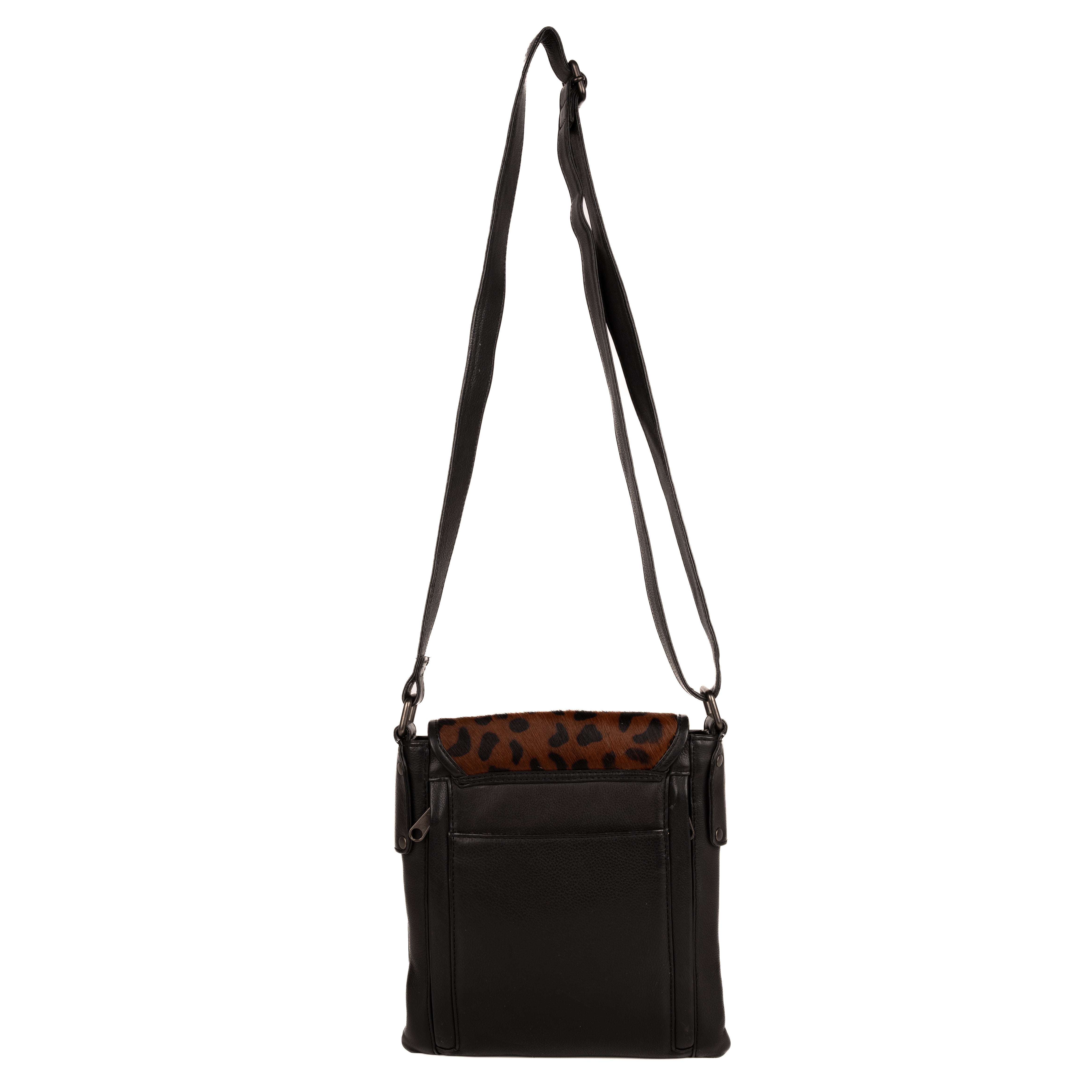 #71 - Concealed Carry Black Leopard Crossbody - Leather with Hair-On Cowhide (No Locking Zippers)