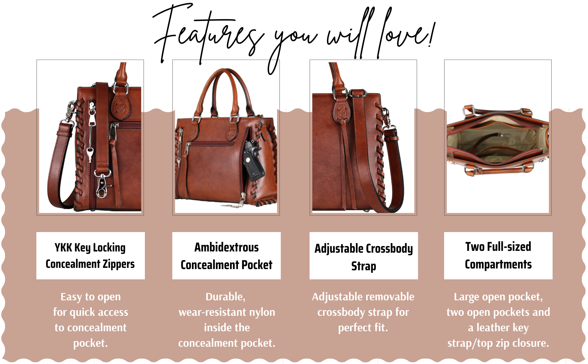 About Concealed Carry Leather Bag - Totes for Firearms - Locking Gun Bags - Tactical Leather Gifts - Conceal Carry Infographic