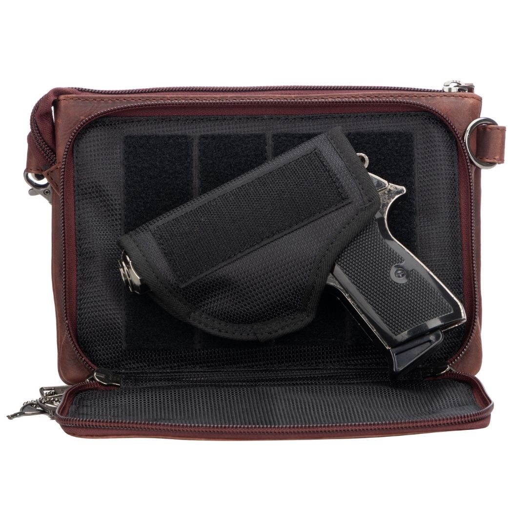 The Concealed Carry Natasha Crossbody - Locking zippers and universal holster - Leather Crossbody pistol bag - Tactical womans purse for pistol - Concealed Carry Purse - most popular crossbody bag - crossbody handgun bag - crossbody bags for everyday use - Lady Conceal - Unique Hide Purse - Locking YKK Purse - Fanny Pack for Gun and Pistol - Easy CCW - Fast Draw Bag - Secure Gun Bag