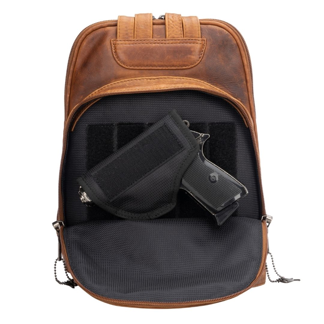 Concealed Carry Abby Leather Cognac Concealed Carry Backpack - Lady Conceal - Women conceal carry backpack for pistol - Designer Abbie Brown Carry Backpack - YKK Locking Zippers and Universal Holster - Unique Hide Backpack Gun and Pistol Bag - Designer Luxury Abby Leather Carry Handbag Backpack - carry backpack for gun carry - Unique Abbie Backpack for gun - concealed carry gun Handbag - concealed carry gun Backpack with locking zipper - concealed carry Backpack for woman