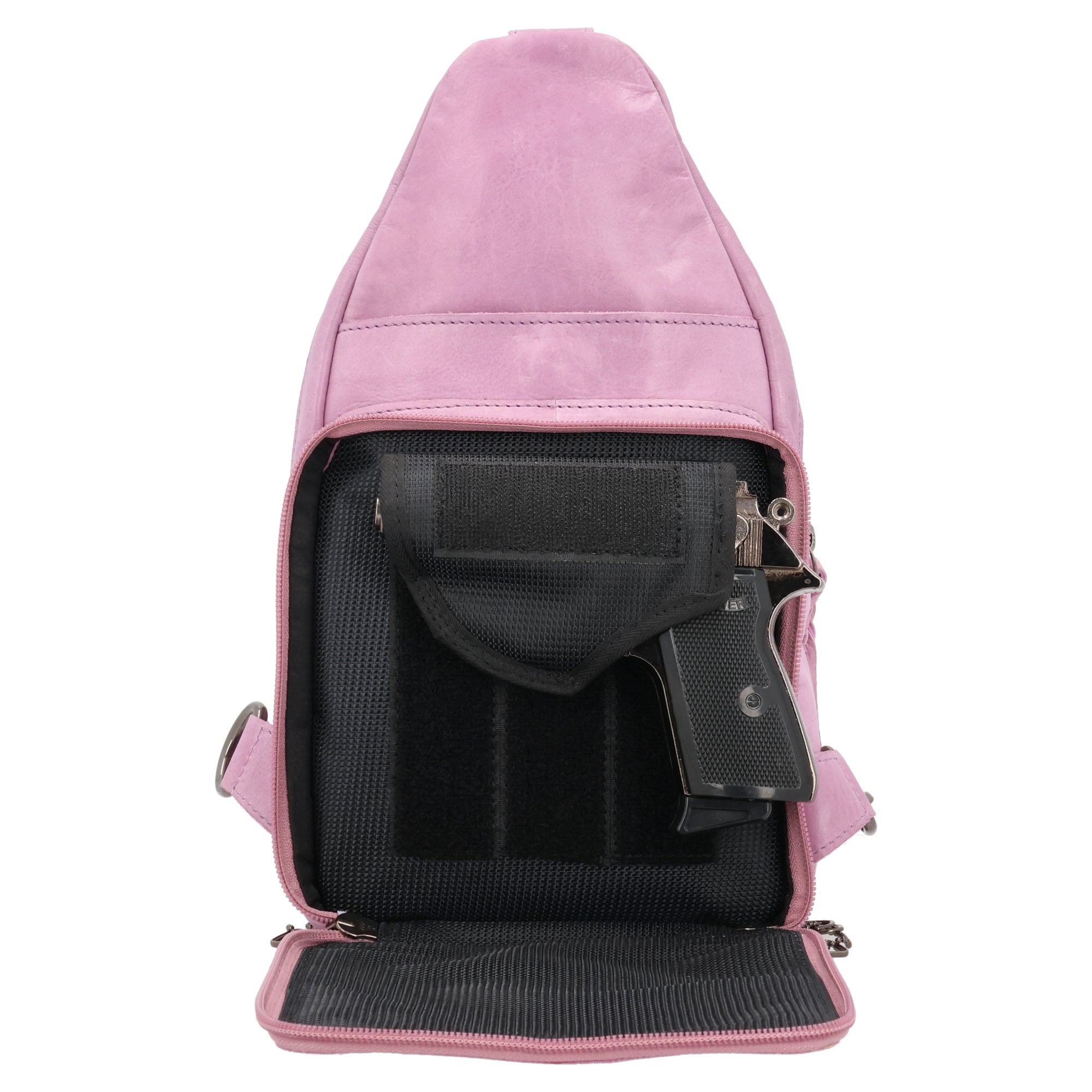 Concealed Carry Haven Sling Leather Backpack by Lady Conceal - Anti Theft Locking Leather Bag - Gun Backpack - Universal Holster for Pistol - Tactical Firearm Gear