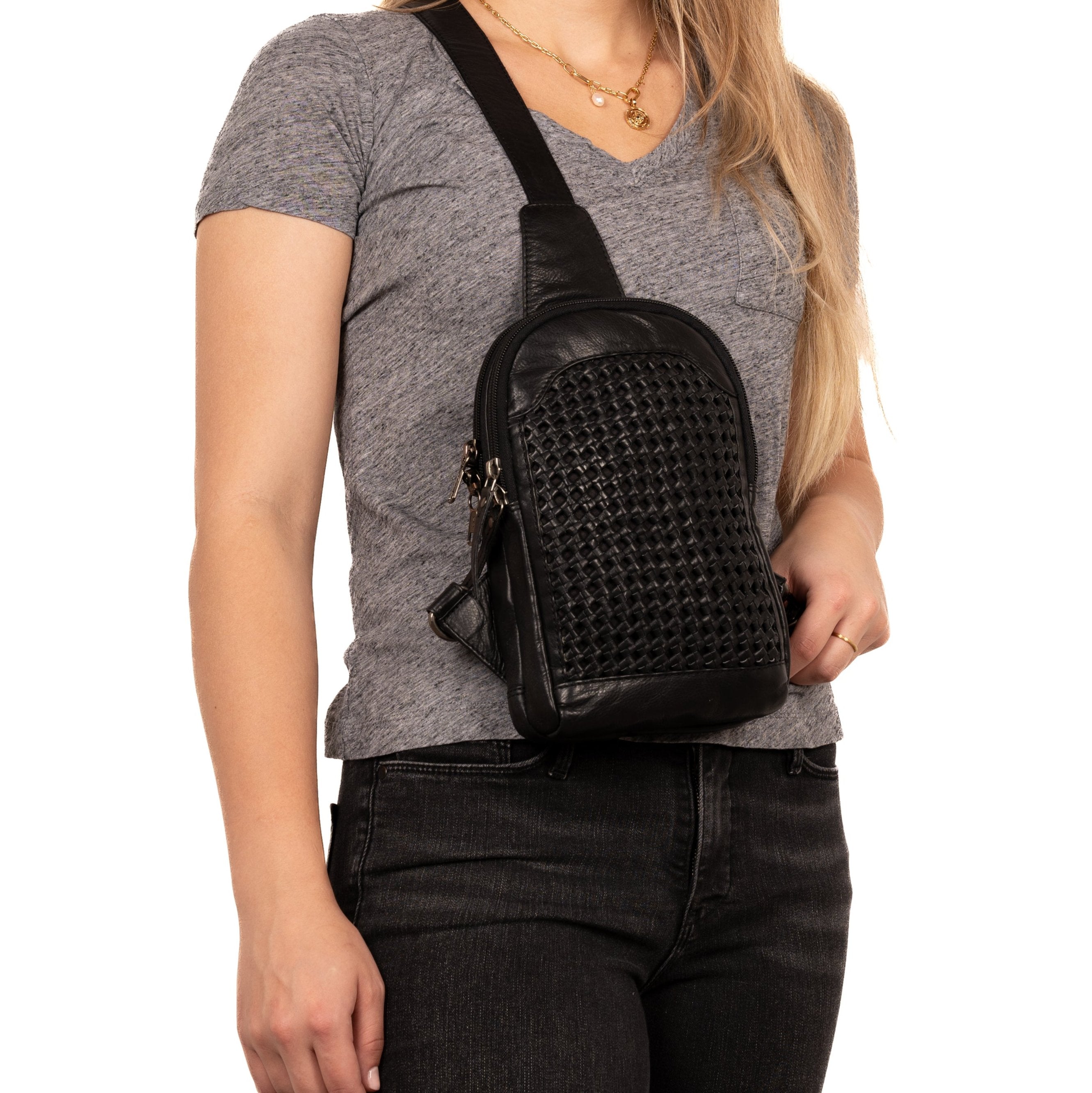 Concealed Carry Bristol Sling Leather Backpack - Lady Conceal - KK Locking Zippers and Universal Holsters for Gun - Backpack for Conceal Carry -  best gun carry backpack -  Pistol and Firearm Bag - women's Concealed Carry Backpack -  premium leather backpack - sling for concealed carry  - concealed carry purses