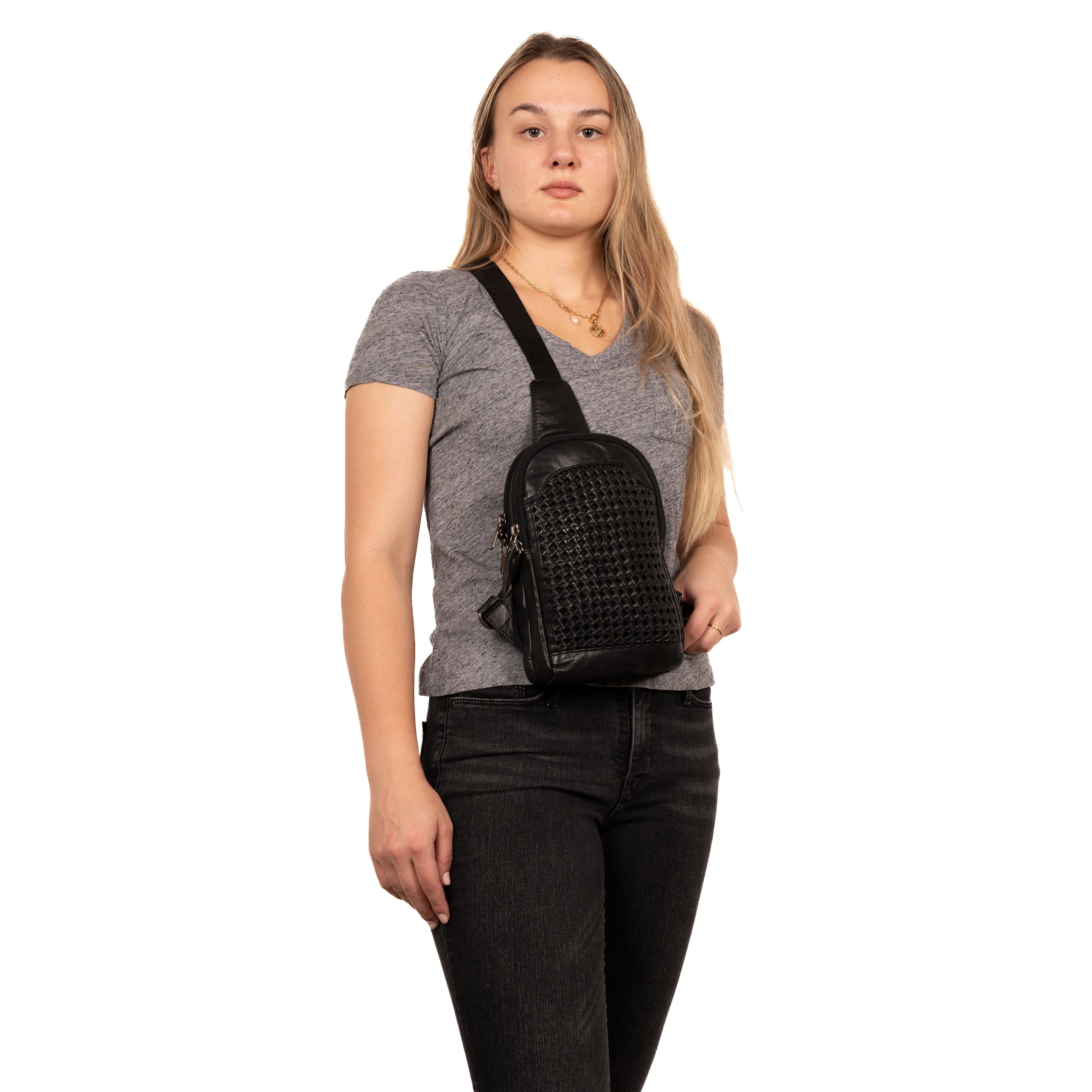 Concealed Carry Bristol Sling Leather Backpack - Lady Conceal - KK Locking Zippers and Universal Holsters for Gun - Backpack for Conceal Carry -  best gun carry backpack -  Pistol and Firearm Bag - women's Concealed Carry Backpack -  premium leather backpack - sling for concealed carry  - concealed carry purses