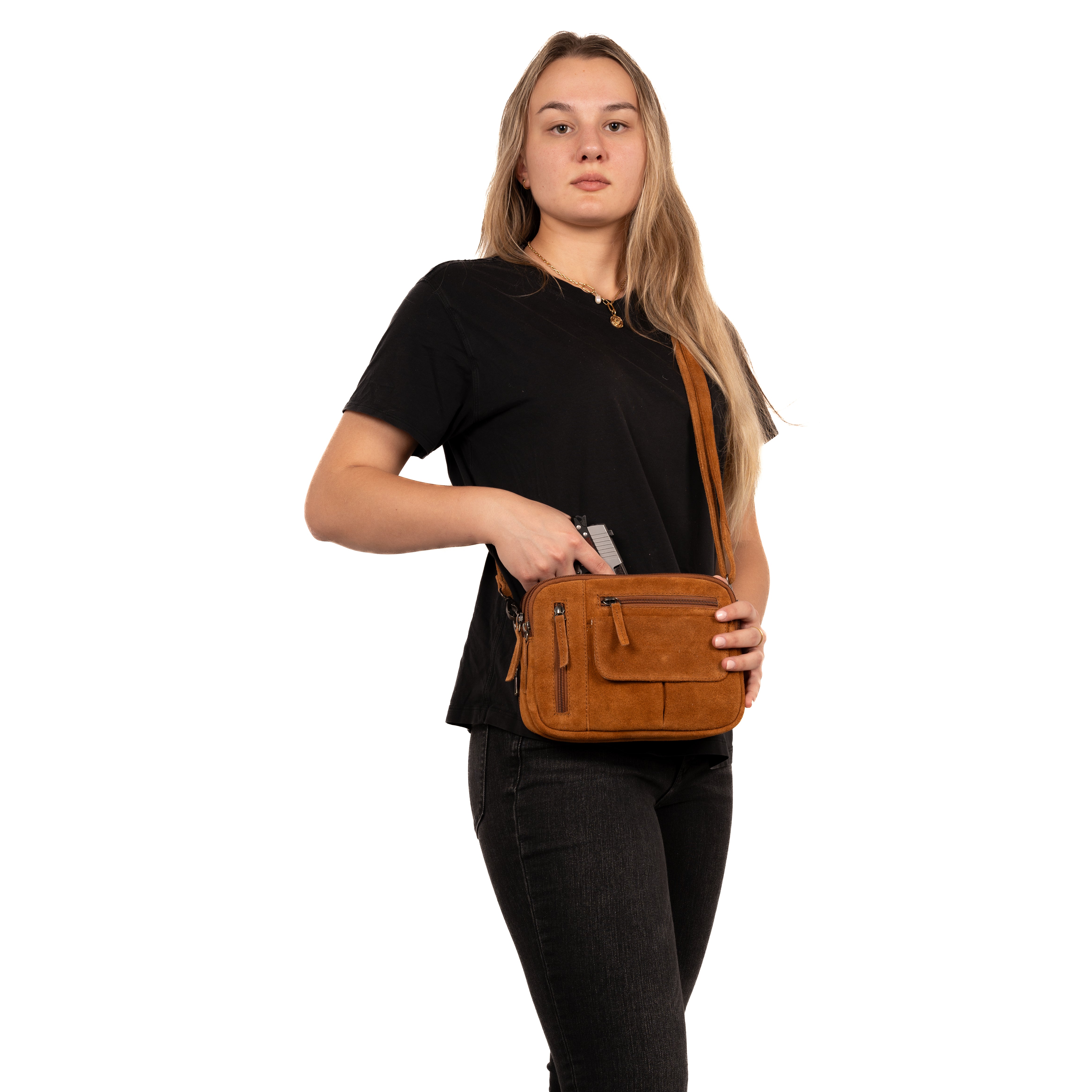 Concealed Carry Hadley Suede Crossbody by Lady Conceal - Anti Theft Locking Bag - Universal Holster Crossbody - Gifts for Firearm Users - Tactical Pistol Purse