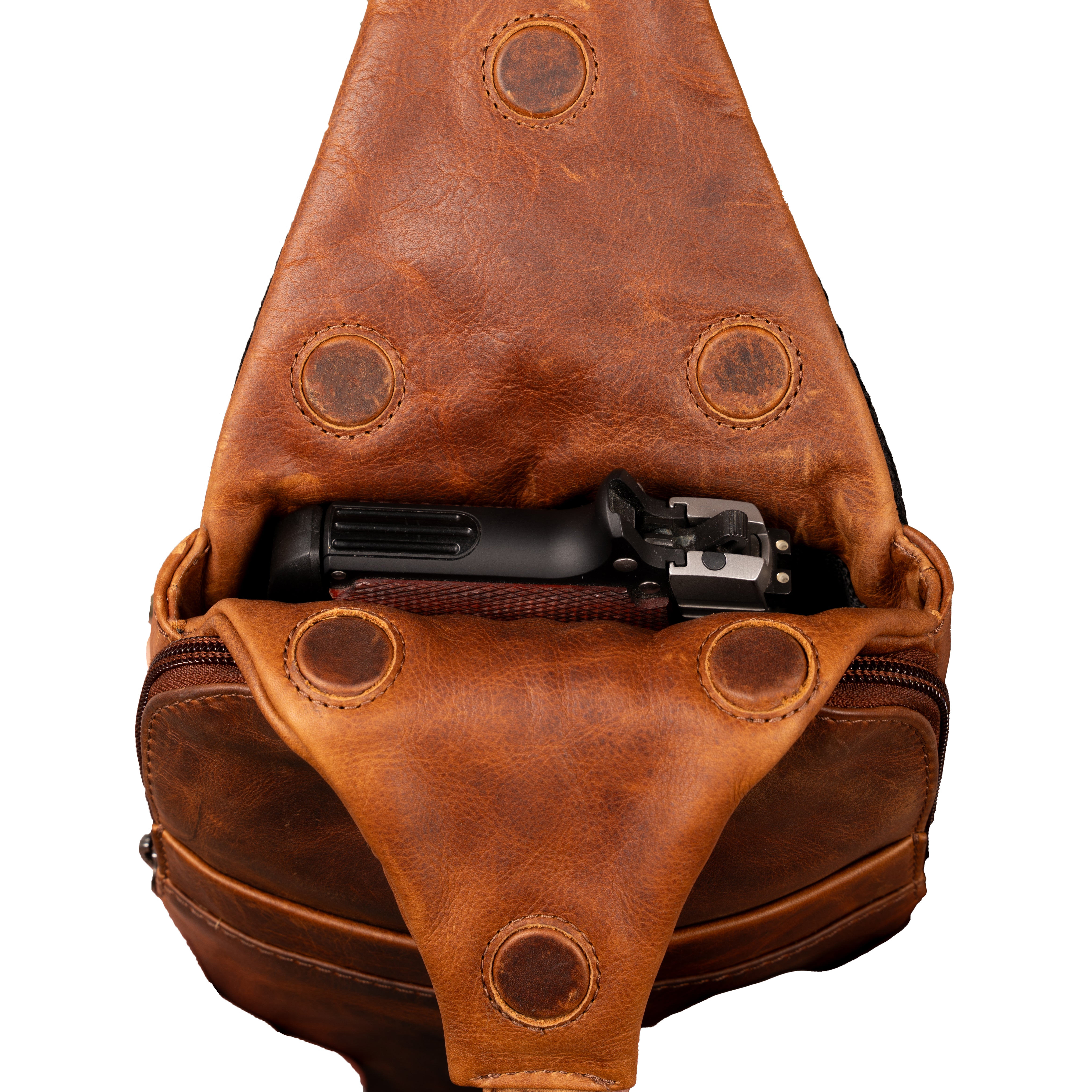 Concealed Carry Unisex Dakota Leather Sling by Lady Conceal - Magnetic Firearm Bag - Fast Draw CCW bag -  Universal Holster Pistol Sling - Unisex Gun Leather Backpack - Anti-Theft Gun Bag with Locking Zippers