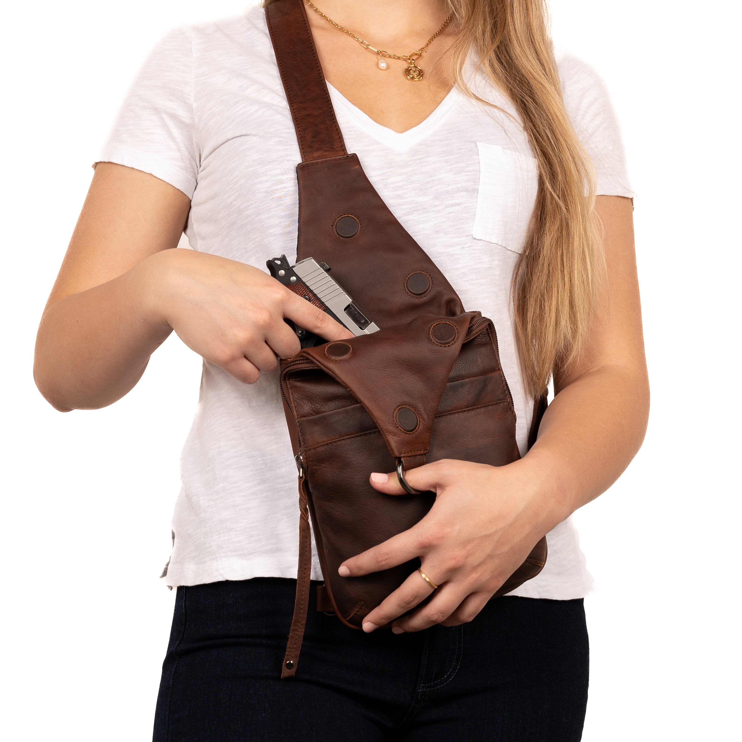 Concealed Carry Unisex Dakota Leather Sling by Lady Conceal - Magnetic Firearm Bag - Fast Draw CCW bag -  Universal Holster Pistol Sling - Unisex Gun Leather Backpack - Anti-Theft Gun Bag with Locking Zippers