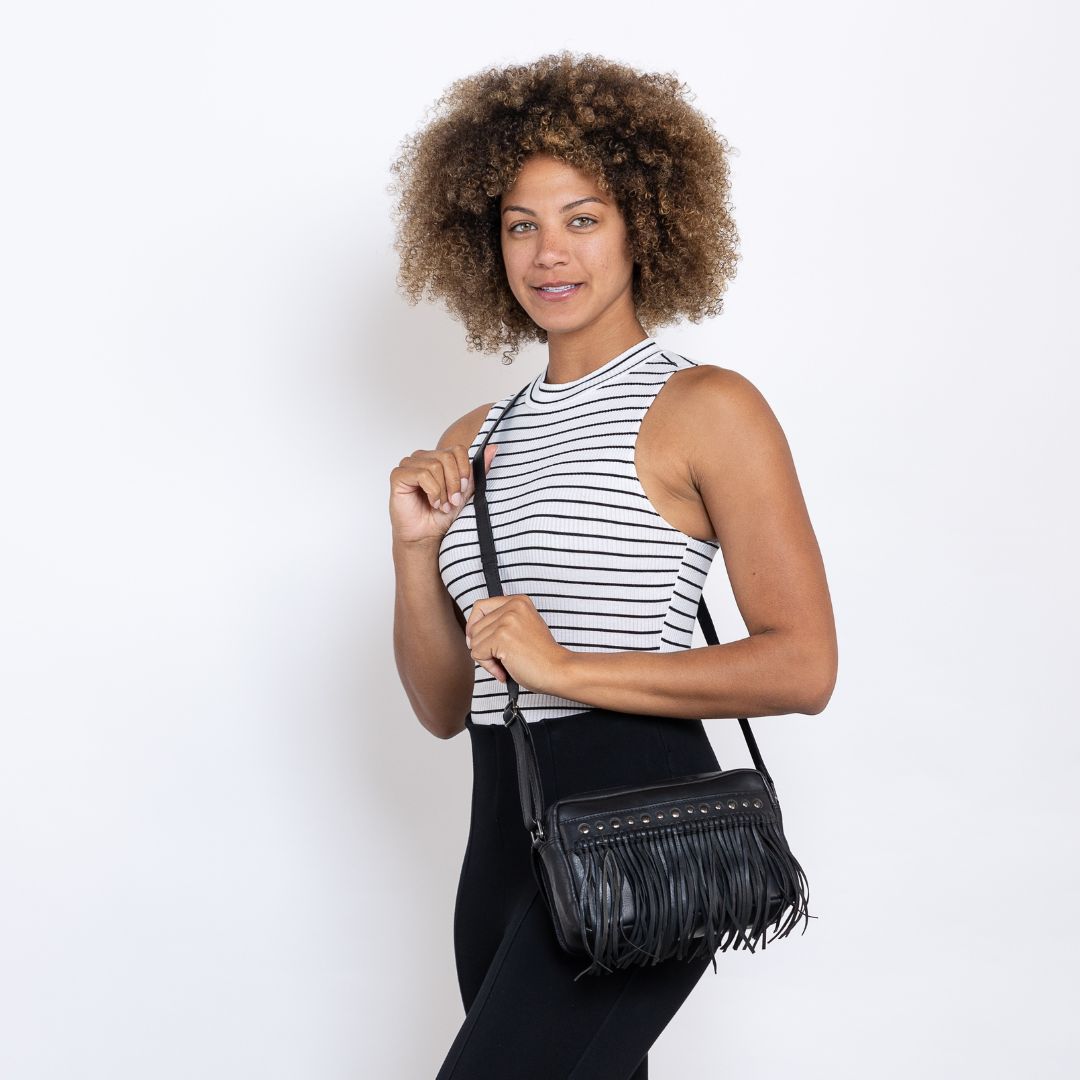 Concealed Carry Maggie Fringe Crossbody for Women -  Soft Leather conceal and carry bag -  Tactical womans purse for pistol -  Concealed Carry Purse -  most popular crossbody bag -  black modern style crossbody bag -  crossbody handgun bag -  crossbody bags for everyday use -  Lady Conceal -  Unique Hide Purse -  Locking YKK Purse -  Fanny Pack for Gun and Pistol -  Easy CCW -  Fast Draw Bag -  Secure Gun Bag