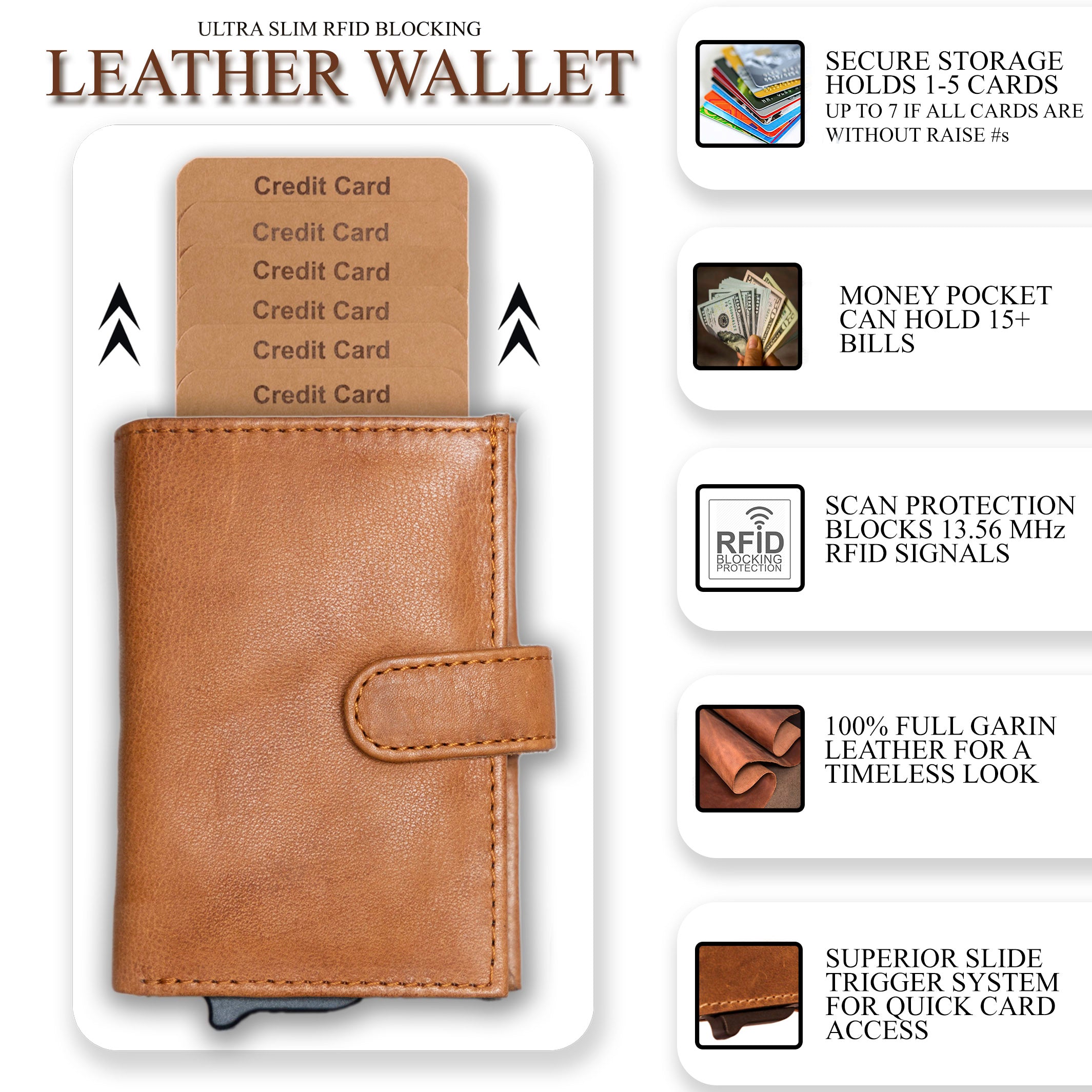 Nova RFID Compact Leather Wallet by Lady Conceal Anti Credit Card Theft RFID Protected - 100% Leather Unisex Wallet - Pop Up Wallet for Cards Bills Coins - Button Closing Wallet