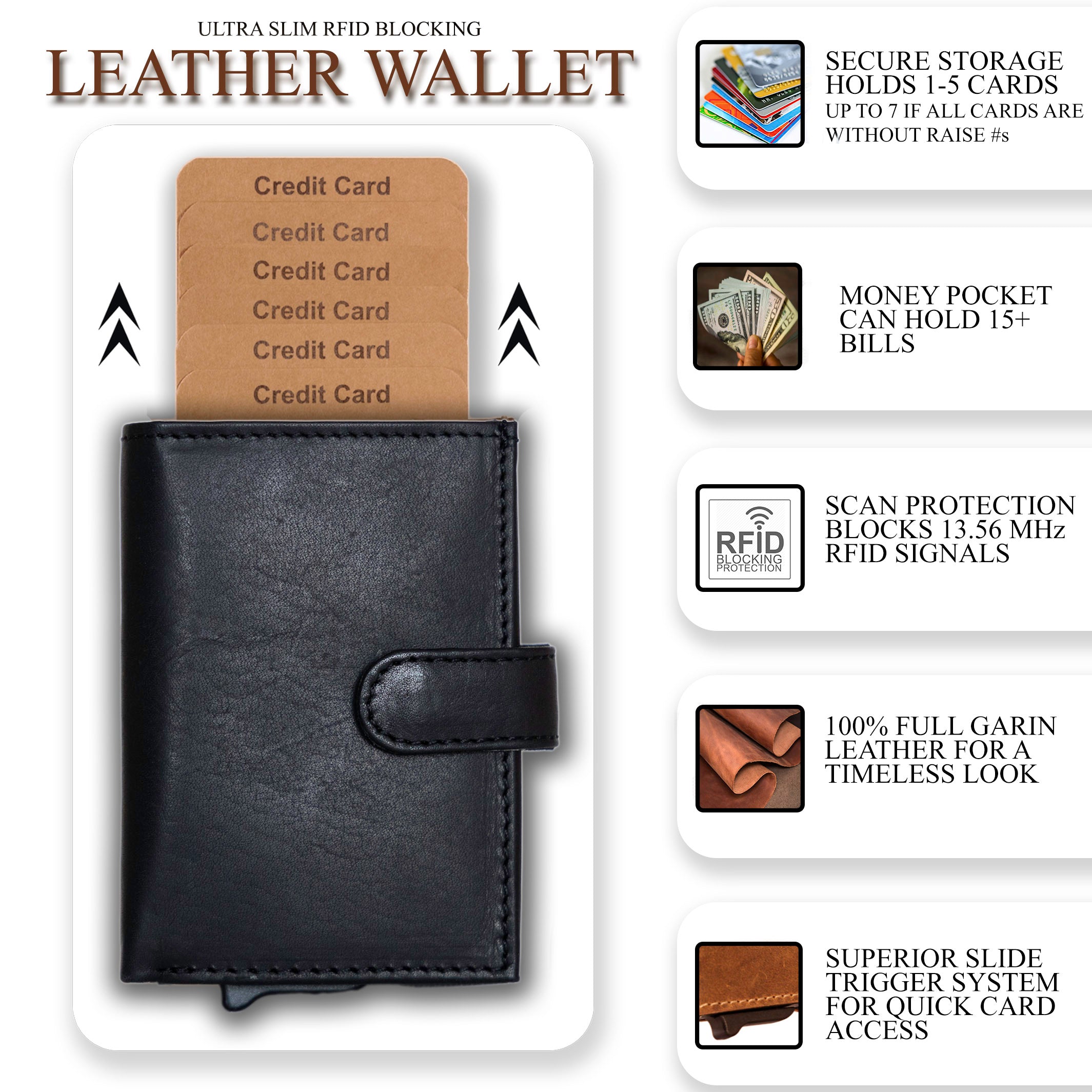 Nova RFID Compact Leather Wallet by Lady Conceal Anti Credit Card Theft RFID Protected - 100% Leather Unisex Wallet - Pop Up Wallet for Cards Bills Coins - Button Closing Wallet