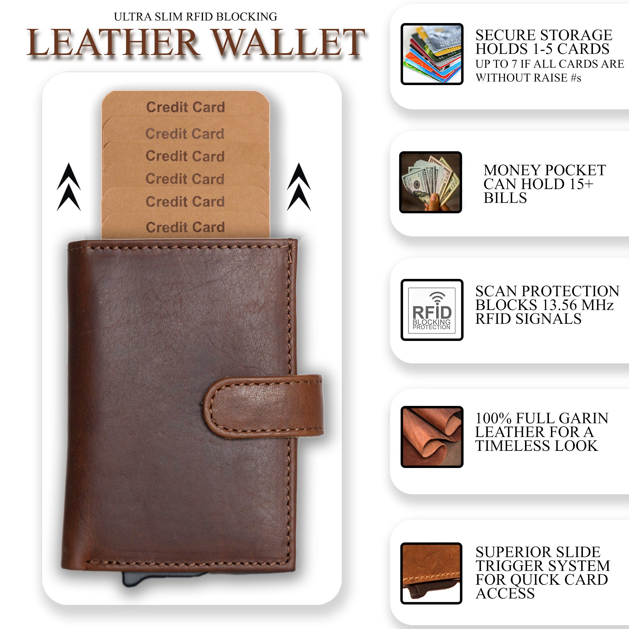 Nova RFID Compact Leather Wallet by Lady Conceal Anti Credit Card Theft RFID Protected - 100% Leather Unisex Wallet - Pop Up Wallet for Cards Bills Coins - Button Closing Wallet