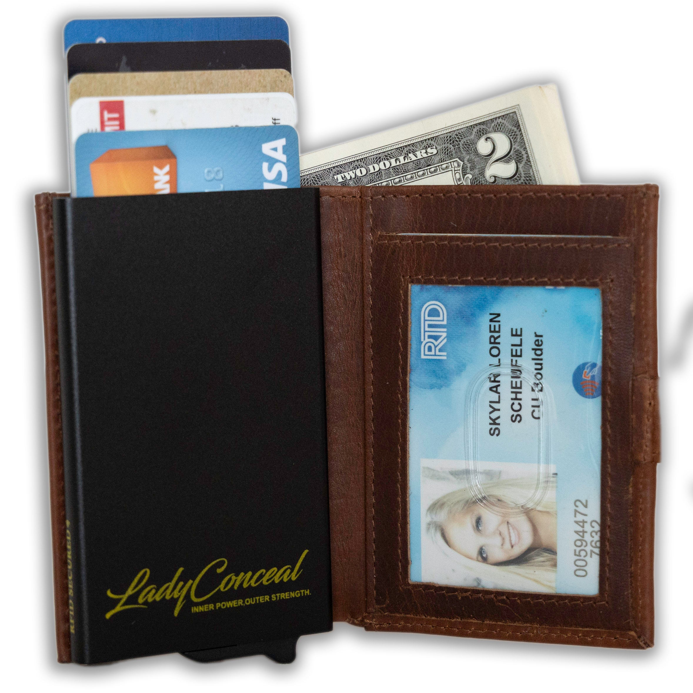 Nova RFID Compact Leather Wallet by Lady Conceal Anti Credit Card Theft RFID Protected - 100% Leather Unisex Wallet - Pop Up Wallet for Cards Bills Coins - Button Closing Wallet