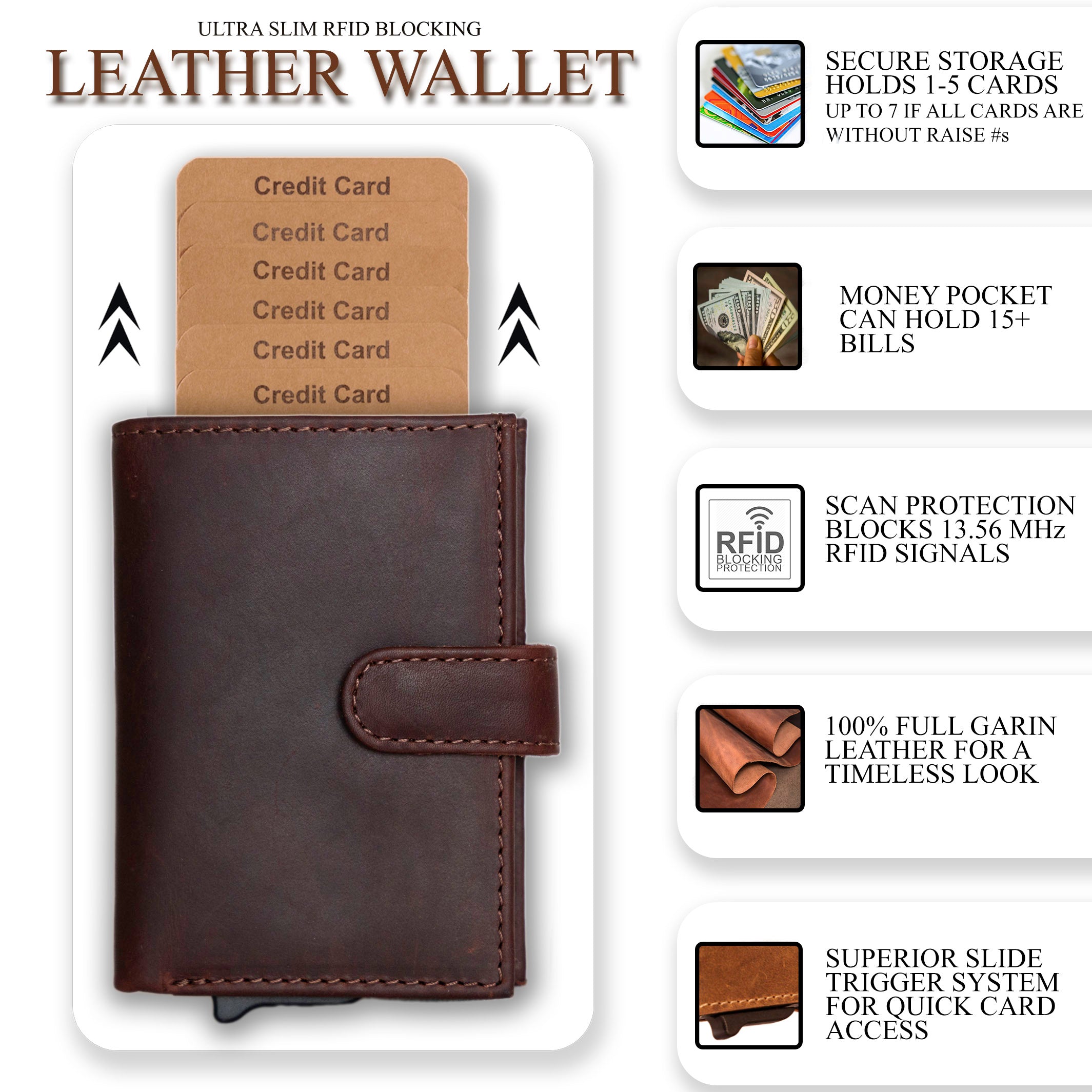 Nova RFID Compact Leather Wallet by Lady Conceal Anti Credit Card Theft RFID Protected - 100% Leather Unisex Wallet - Pop Up Wallet for Cards Bills Coins - Button Closing Wallet