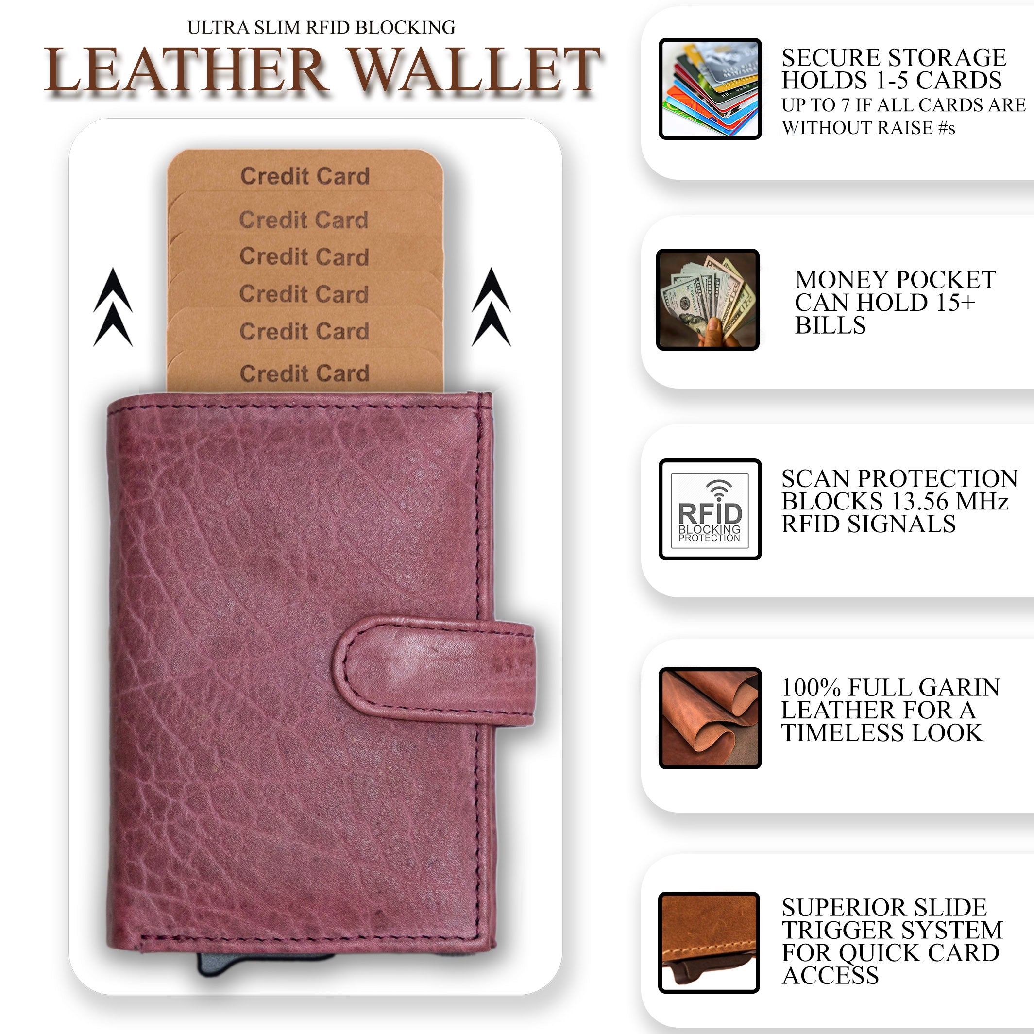 Nova RFID Compact Leather Wallet by Lady Conceal Anti Credit Card Theft RFID Protected - 100% Leather Unisex Wallet - Pop Up Wallet for Cards Bills Coins - Button Closing Wallet