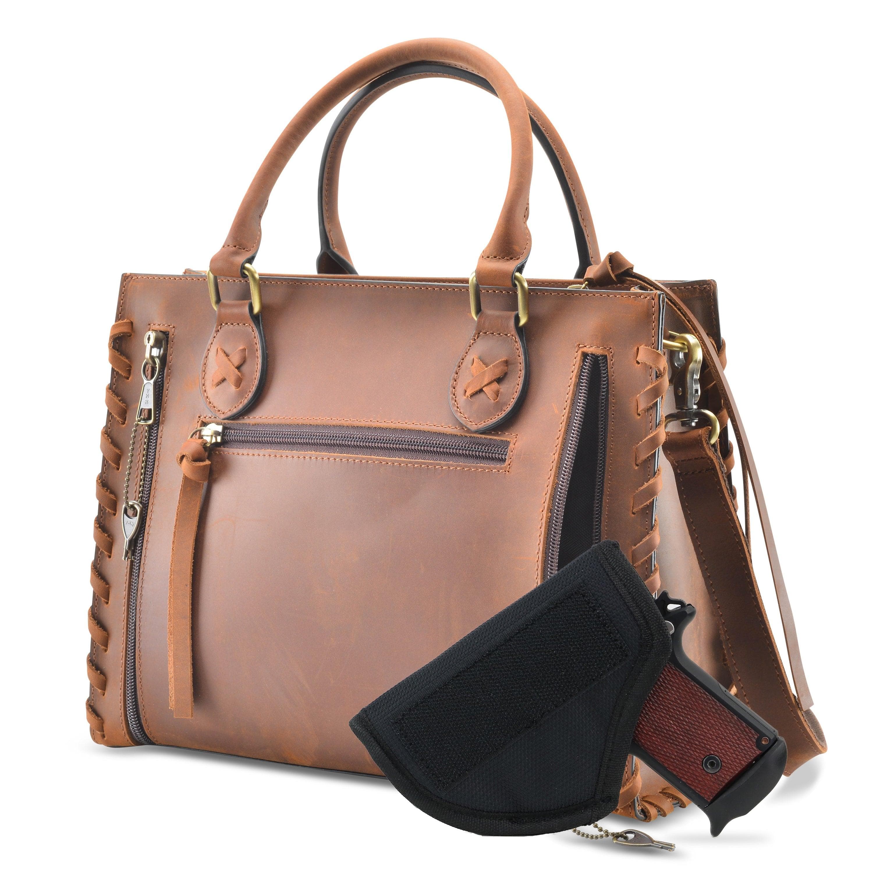 Concealed Carry Emma Leather Satchel -  Designer Concealed Carry Purse -  YKK Locking Purse with Universal Holster -  Leather Bag For Gun Owners - Easy Conceal Carry -  CCW Purse for Women - Conceal and Carry purse for Handgun - Designer Luxury Conceal Carry Handbag -  Handbag Gun and Pistol Bag - Handbag for concealed gun - Hidden Gun Bag