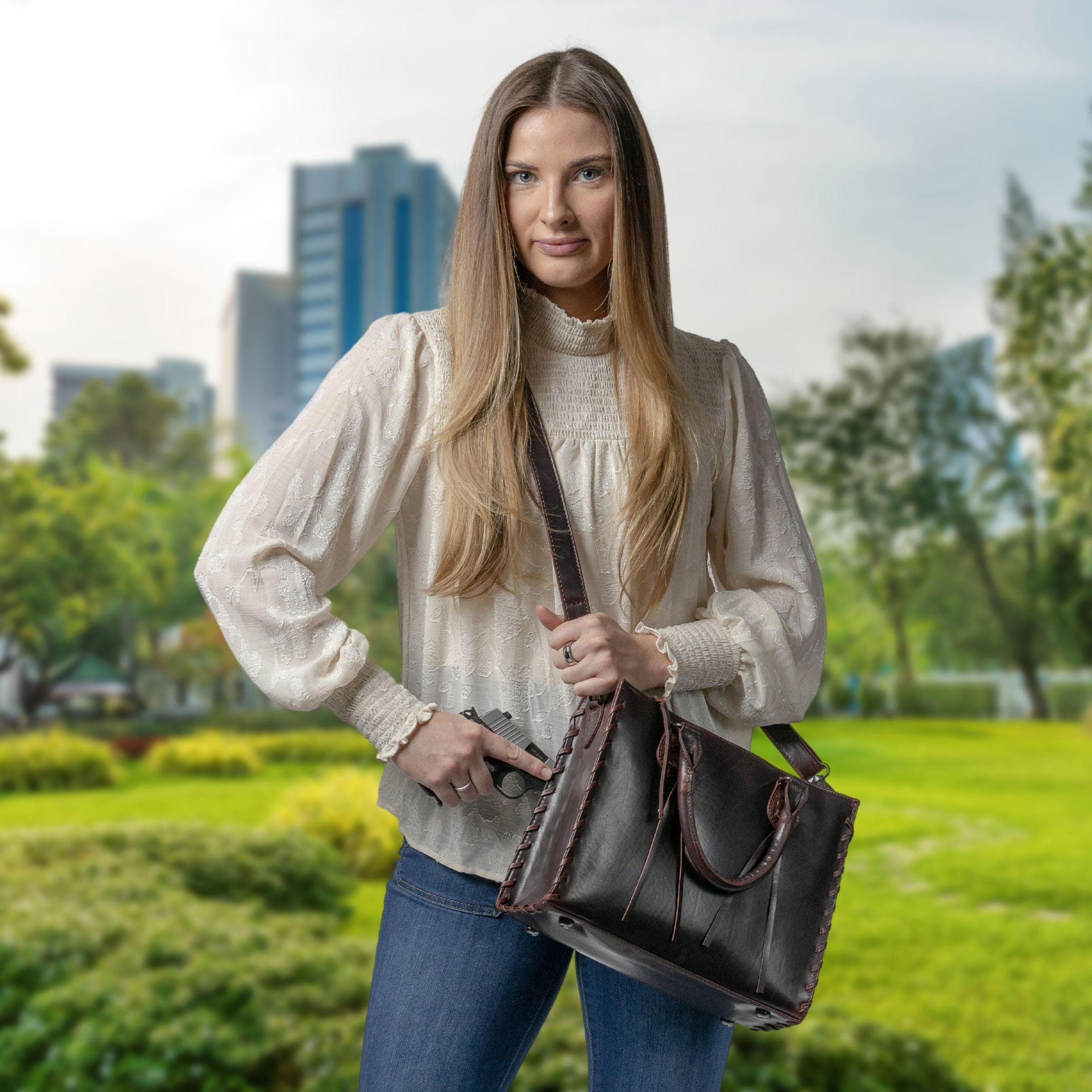 Concealed Carry Emma Leather Satchel -  Designer Concealed Carry Purse -  YKK Locking Purse with Universal Holster -  Leather Bag For Gun Owners - Easy Conceal Carry -  CCW Purse for Women - Conceal and Carry purse for Handgun - Designer Luxury Conceal Carry Handbag -  Handbag Gun and Pistol Bag - Handbag for concealed gun - Hidden Gun Bag