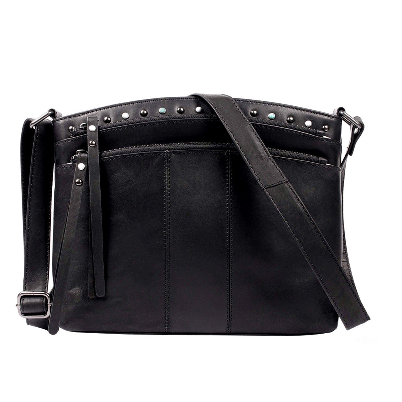 Holstere Genuine Pebbled Leather Studded Black Crossbody Strap with Gold-Toned Hardware