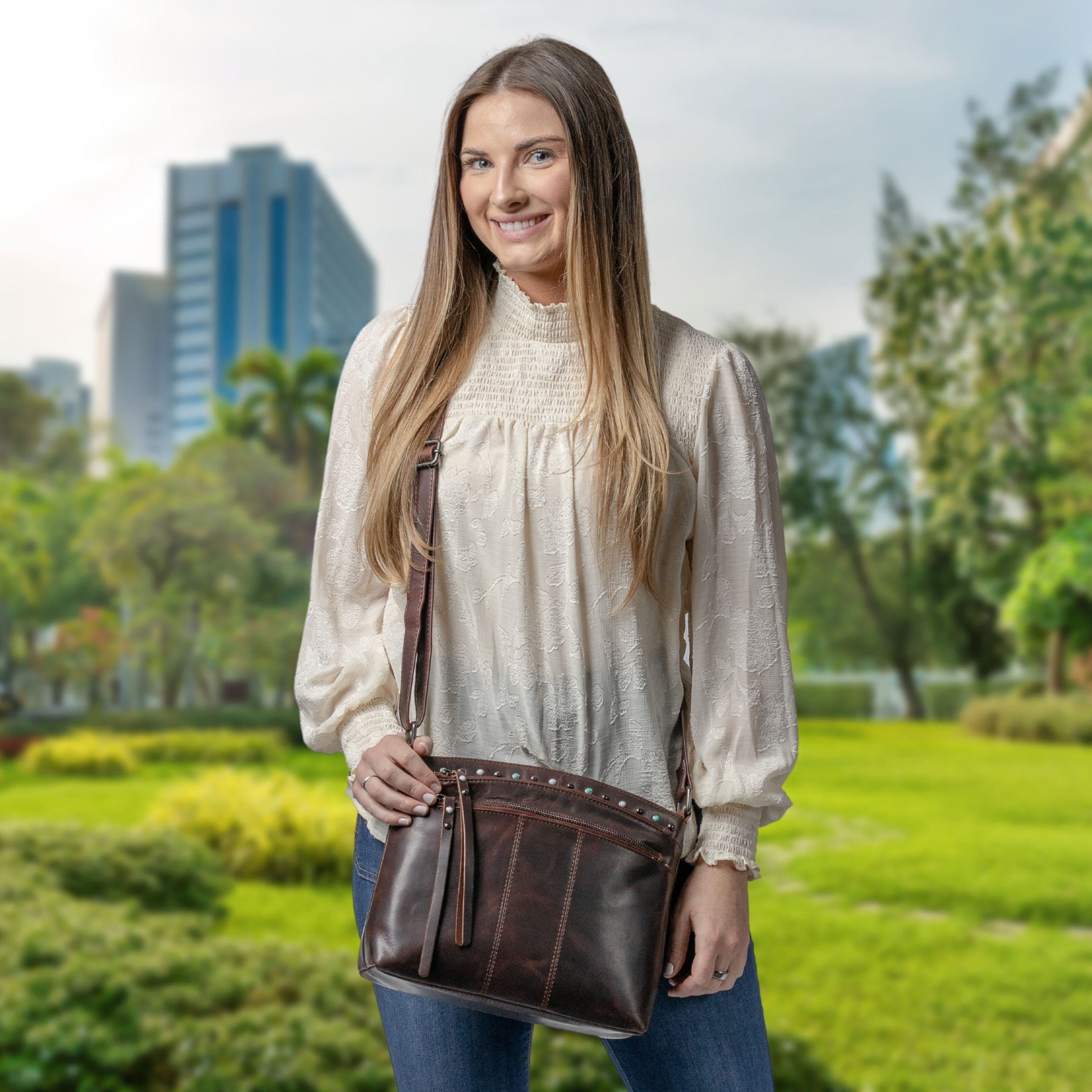 Concealed Carry Brynn Arched Leather Crossbody -  Lady Conceal -  Concealed Carry Purse - conceal and carry purse for women - tactical pistol bag - Locking Conceal and Carry Purse with Universal Holster for Handguns - Unique Hide Crossbody Gun and Pistol Bag