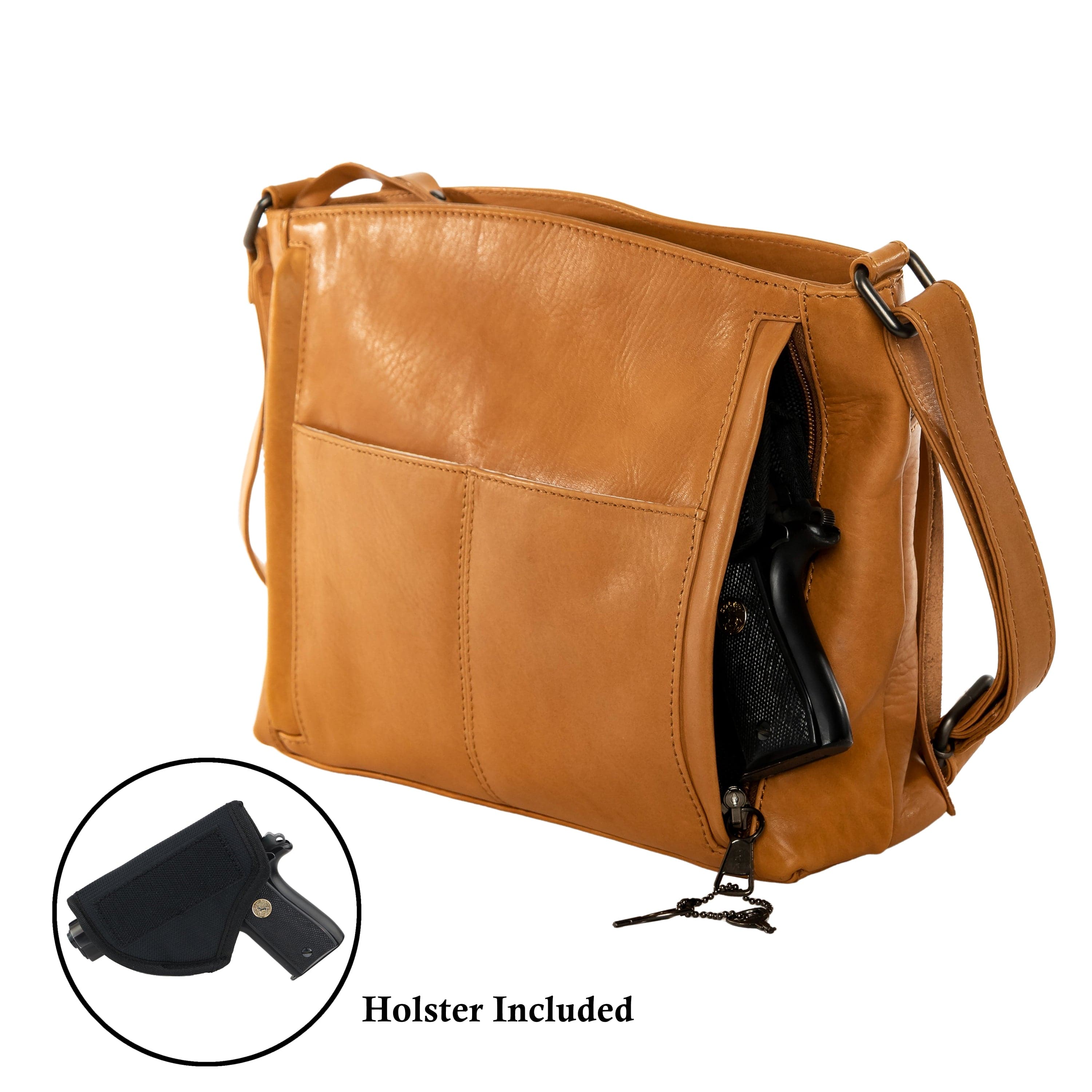 Concealed Carry Brynn Arched Leather Crossbody -  Lady Conceal -  Concealed Carry Purse - conceal and carry purse for women - tactical pistol bag - Locking Conceal and Carry Purse with Universal Holster for Handguns - Unique Hide Crossbody Gun and Pistol Bag