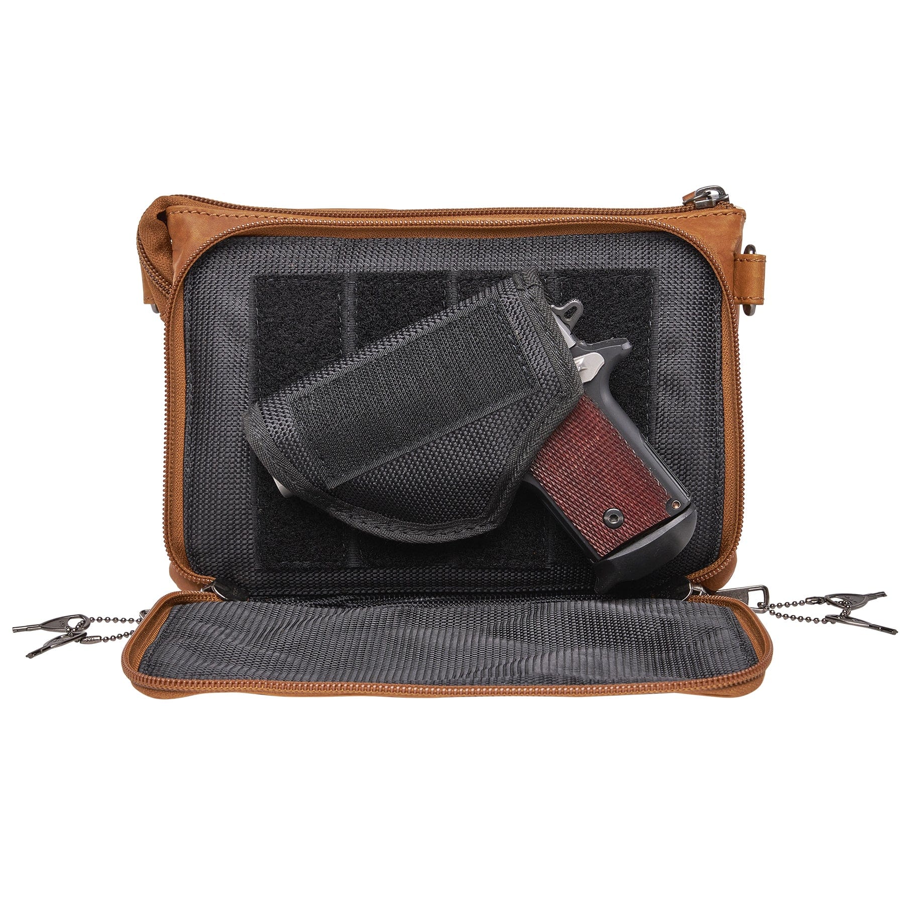 The Concealed Carry Natasha Crossbody -  Locking zippers and universal holster -  Leather Crossbody pistol bag -  Tactical womans purse for pistol -  Concealed Carry Purse -  most popular crossbody bag -  crossbody handgun bag -  crossbody bags for everyday use -  Lady Conceal -  Unique Hide Purse -  Locking YKK Purse -  Fanny Pack for Gun and Pistol -  Easy CCW -  Fast Draw Bag -  Secure Gun Bag